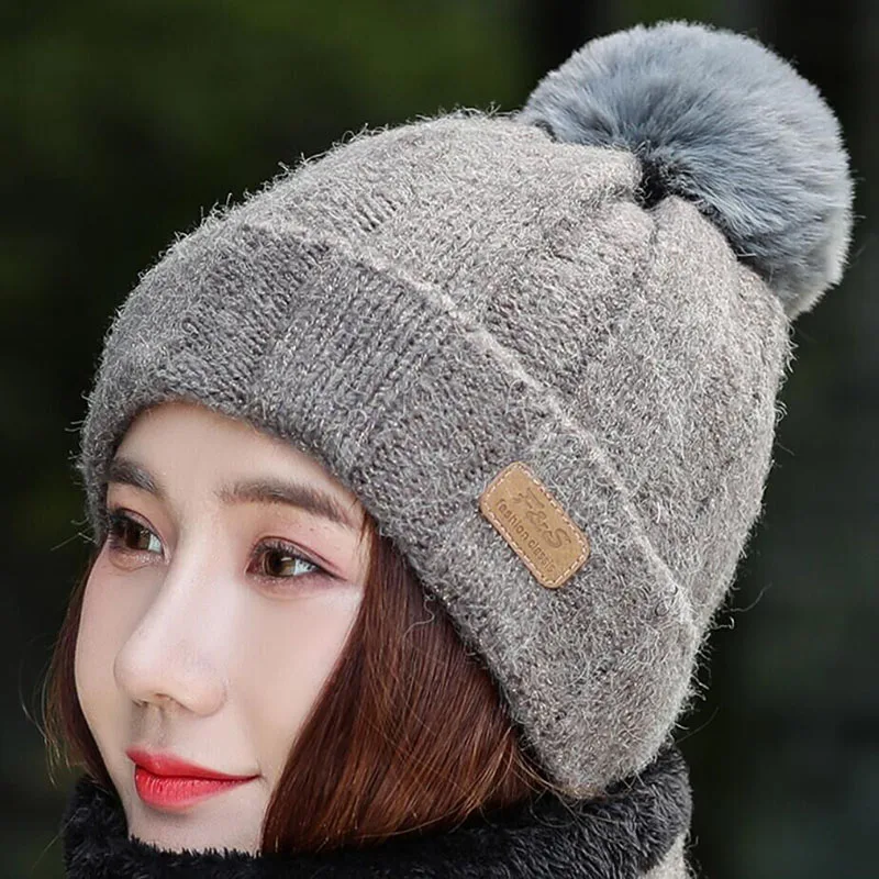 SUOGRY Hot Selling 2pcs Ski Cap And Scarf Cold Warm Leather Winter Hat for Women Knitted Hat Bonnet Warm Cap Skullies Beanies - Цвет: Hat gray