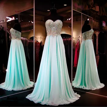 

Gold Lace Mint Green Long Evening Gowns Cheap Prom Dresses 2020 Sweetheart Chiffon Low Back Pageant Women Dress A Line Noche