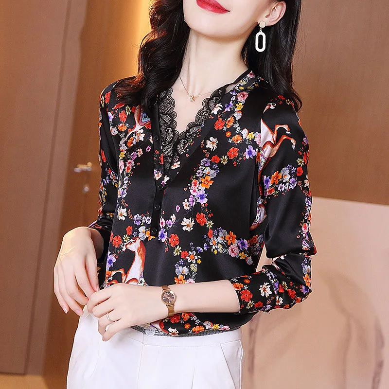 Women Spring Autumn Style Lace Blouses Shirts Lady Casual Long Sleeve V-Neck Flower Printed Blusas Tops DD9209 | Женская одежда
