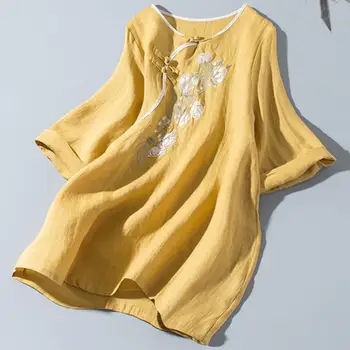 

spring autumn vintage embroidered blouse women o-neck loose three quarter sleeve top shirt