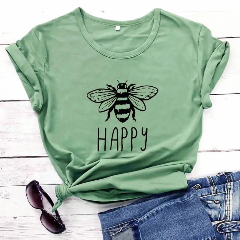 

Be Happy Cute Bee Graphic Shirt New Arrival Summer Casual 100%Cotton Funny T Shirt Cute Bee Shirt Happiness Shirts Bee Happy Tee
