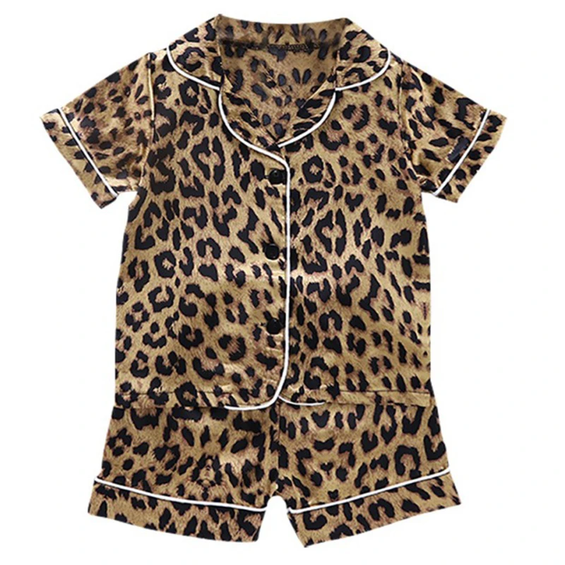 baby doll sleepwear Kids Pajamas Set Leopard Silk Satin Kids Boys Girls Sleepwears Outfits Set Short Sleeve Blouse Tops+Shorts Sleepwear children's pajamas bulk