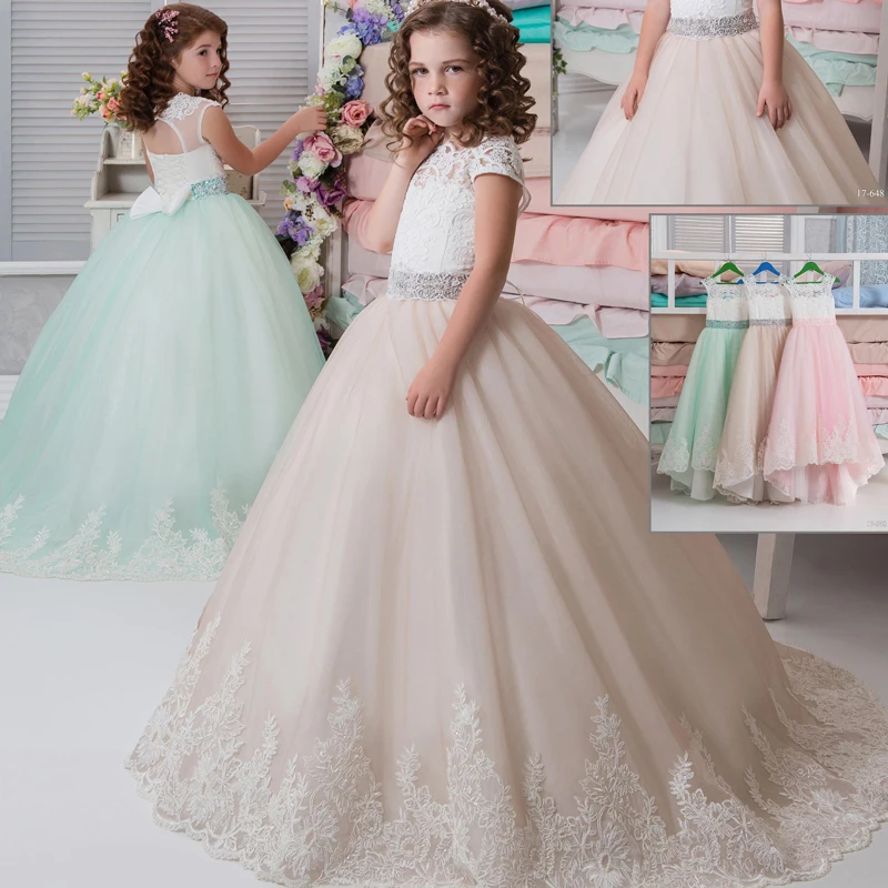 

New Lace Applique Cap Sleeve Ball Gowns Flower Girls Holy First Communion Dress Open Back Birthday Dresses with Beading Sash