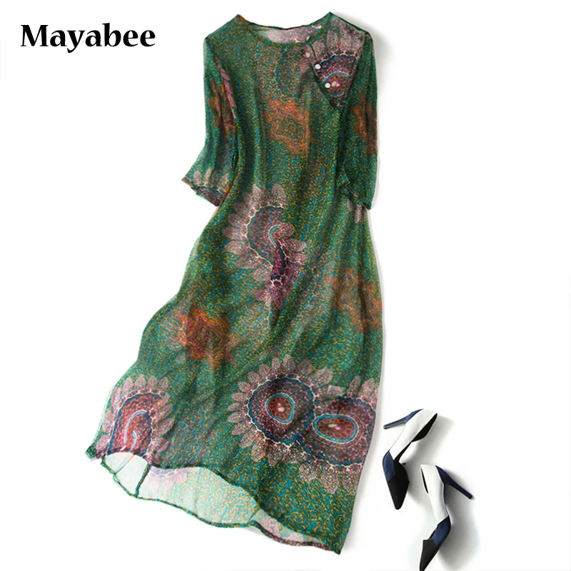

Heavy 100% Silk Elegant Print Chinese Mid-Length Long-Sleeved Dress 2021 Spring New