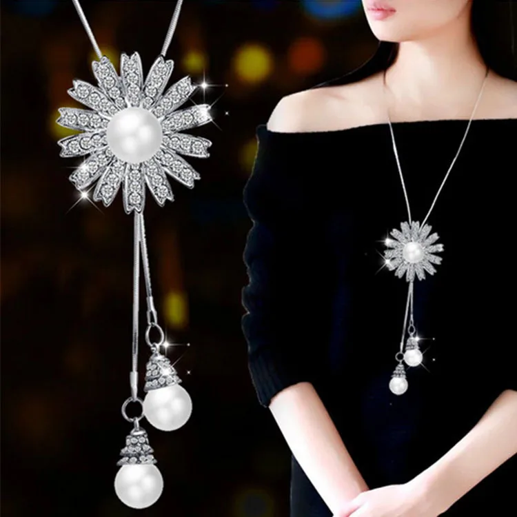 Simple Classic pendant Necklace Flower Pearl Long Sweater Chain Statement Jewelry choker for Women Choker |