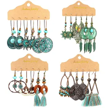 

12 Pairs Bohemia Sea Shells Starfish Star Drop Earrings Vintage Ethnic National Wooden Tassel Fringe Earring Set