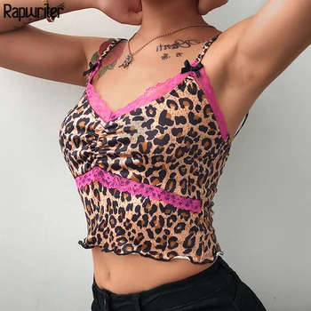 

Summer Fashion Leopard Print Strap Lace Design Ruffles Sexy Camis Crop Top Women 2020 Backless Deep V Neck Tank Tops Party Club