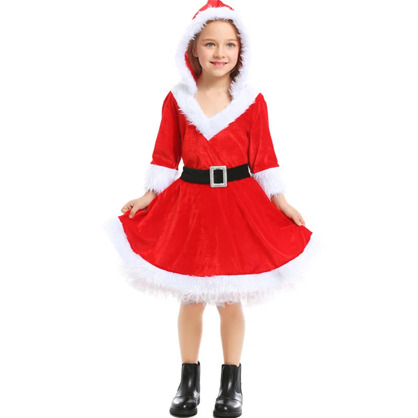 

Red Kids Girls Christmas Party Suit Hooded Velvet Dress with Belt Santa Claus Elf Cosplay Costume Halloween Carnival Xman Gift