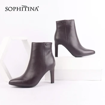 

SOPHITINA Sexy Pointed Toe Boots High Quality Genuine Leather Thin Heel Fashion Zipper Solid Shoes New Women's Ankle Boots SC219