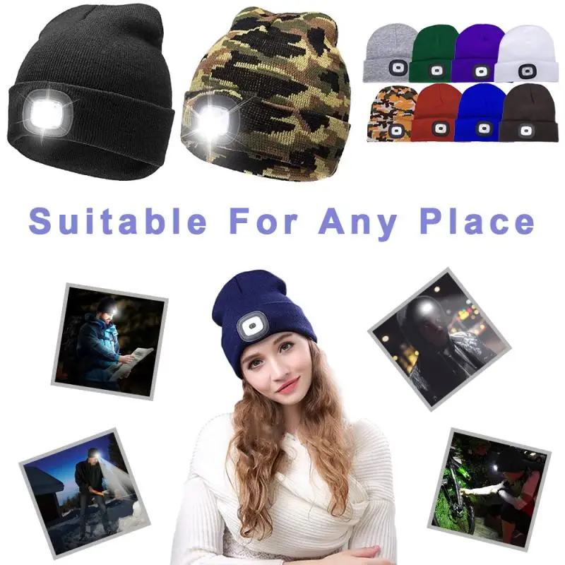 beanie cap VIP 4 LED Lighted Cap Warm Beanies Hands Free Battery Type Unisex Keep Warm Battery Type For Camping Running skully hat men's