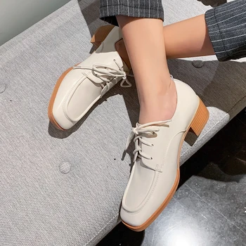 

Karinluna On Sale Cow Genuine Leather Sheepskin Square Toe Woman Shoes Women Square Heels Shoelaces Casual Pumps Female