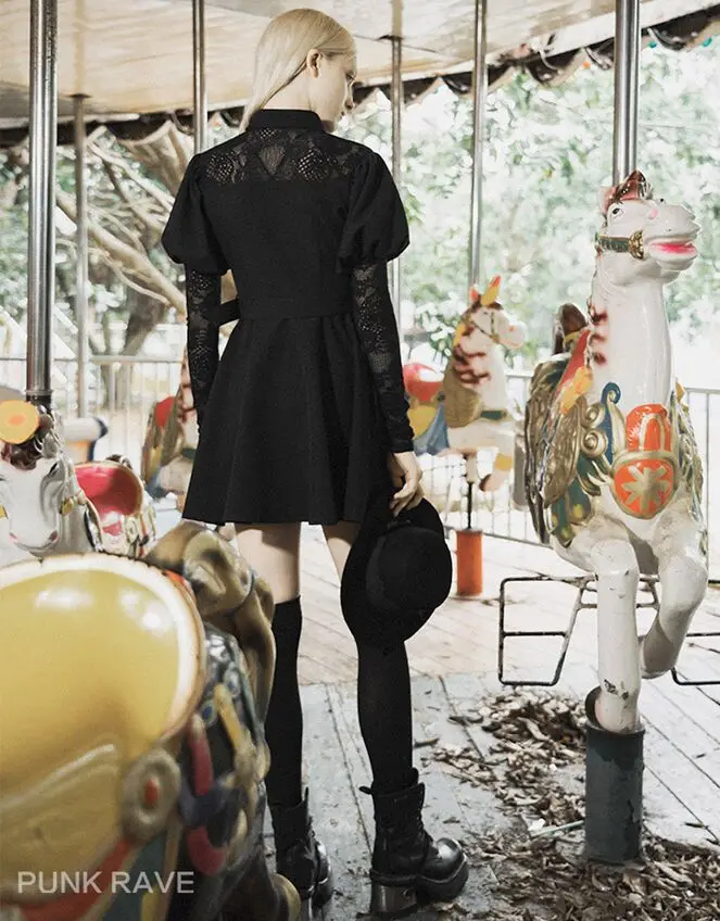 Платье-рубашка в готическом стиле для девочек в стиле панк, черное кружевное платье-рубашка с пышными рукавами и поясом, Повседневные Вечерние платья в готическом стиле панк для девочек