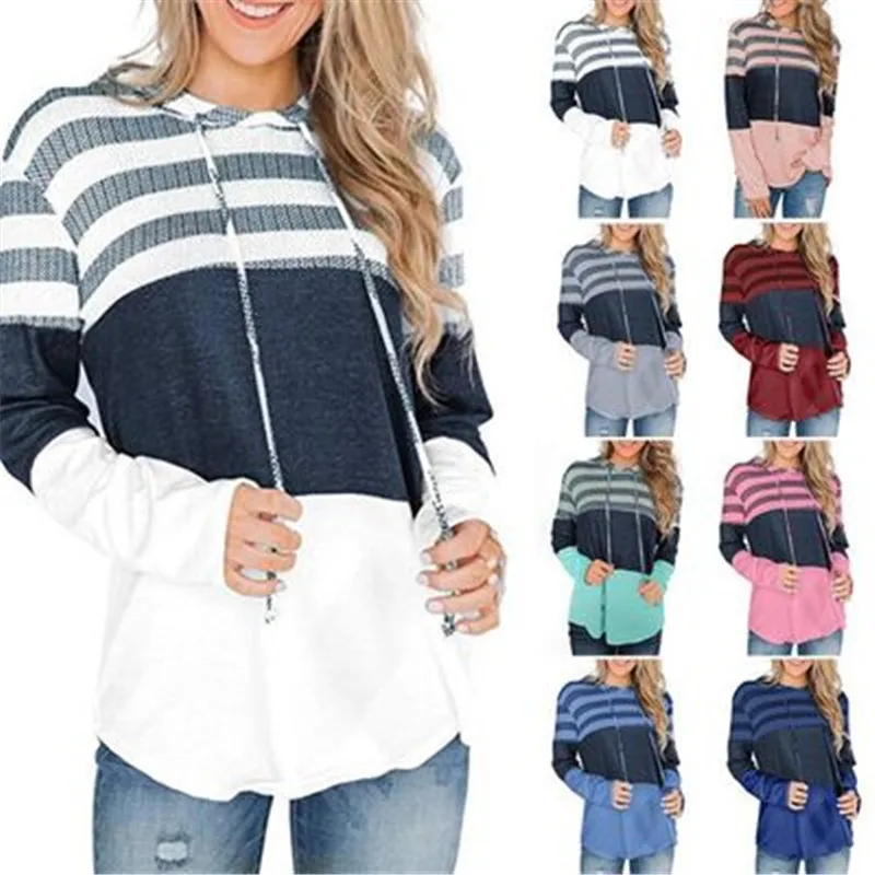 

Women Sweatshirt Autumn Spring Patchwork Stripe Hoodies Long Sleeve Loose Pullover Drawstring Casual Plus Size hoodie Streetwear