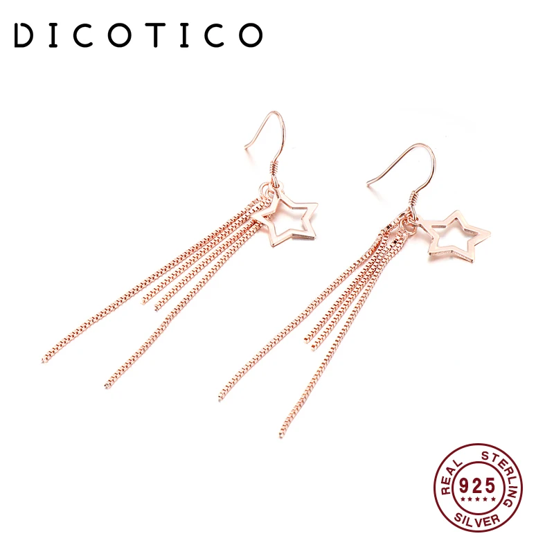 

DICOTICO Star Triangle Balls Long Drop Earrings For Women 925 Sterling Silver Rose Gold Dangle Earrings Jewelry