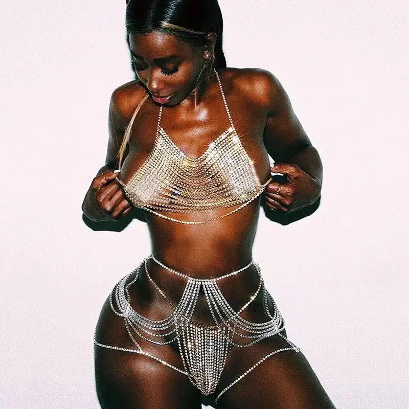 

Sexy women's Rhinestone body chain tassel crystal t-pants underwear Body chain bra sling multi-layer crystal waist chain