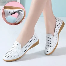 2021 Summer Hollowed Flats Shoes Women's Breathable Oxford Casual Loafers Women Mom Genuine Leather Female Mocasines de mujer