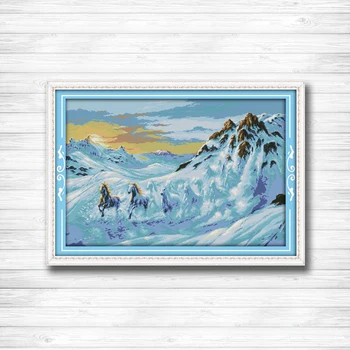 

Horses running in the snow mountain Counted Printed on fabric DMC 11CT 14CT Cross Stitch kits Needlework Sets Embroidery Animal
