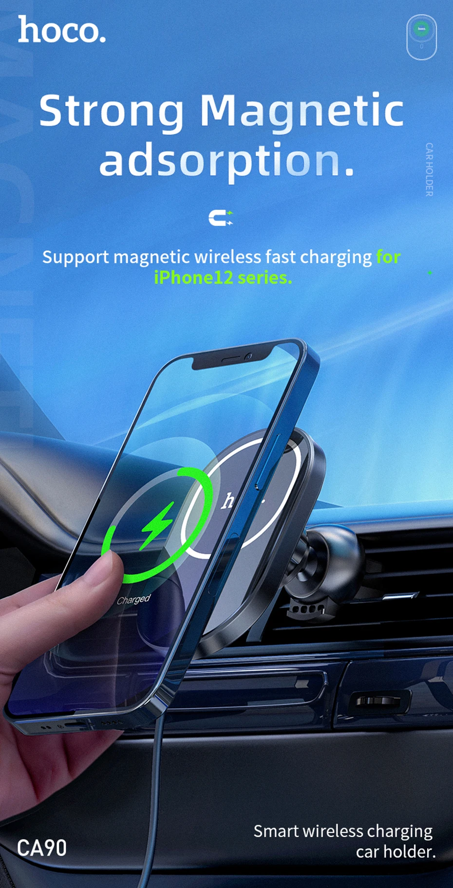 Hoco 15W Magnetic Wireless Car Charger For iPhone 12 Pro Max Qi Fast Charging Air Vent Phone Holder with TypeC Cable For Android bluetooth charger