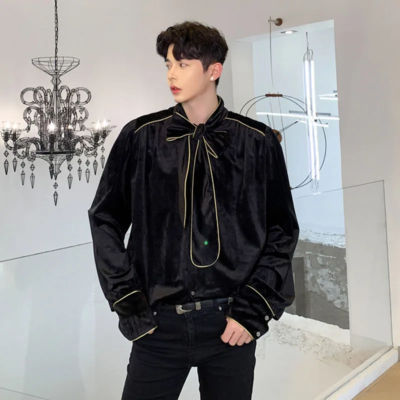 Мужская рубашка с длинным рукавом и галстуком-бабочкой; свободная бархатная плотная рубашка; Мужская винтажная уличная одежда в стиле хип-хоп; вечерние рубашки; одежда для сцены