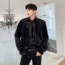 Мужская рубашка с длинным рукавом и галстуком-бабочкой; свободная бархатная плотная рубашка; Мужская винтажная уличная одежда в стиле хип-хоп; вечерние рубашки; одежда для сцены