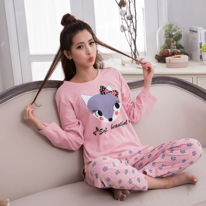 

Autumn Women Pajamas Knitted Cotton Women's Pajama Set Cartoon Long Sleeve Two Pieces Set Womens Pyjamas M-3XL Pijamas