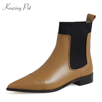 

krazing pot european style natural leather patchwork stretch designer pointed toe thick low heel slip on dress ankle boots L38