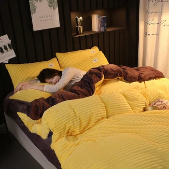 

Korean Style Magic Velvet Crystal Velvet Warm 4pcs Bed Duvet Cover Bed Sheet Pillowcase AB Yellow Brown Black Wine Red Blue