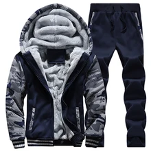 Winter Tracksuit Men Casual Thicken Fleece Hooded Hoodies Warm Fur Jacket+Pant Track Suit Camo Sport Sweatshirts Brand Clothing