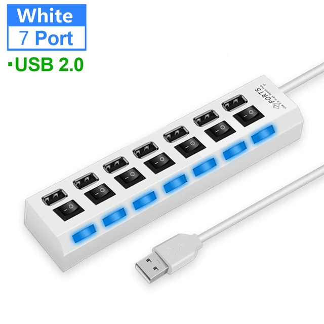 7 Ports usb hub LED USB High Speed 480 Mbps Adapter USB Hub With Power on off Switch For PC Laptop Computer PC Laptop With ON/OF 7 Port 2.0USB White