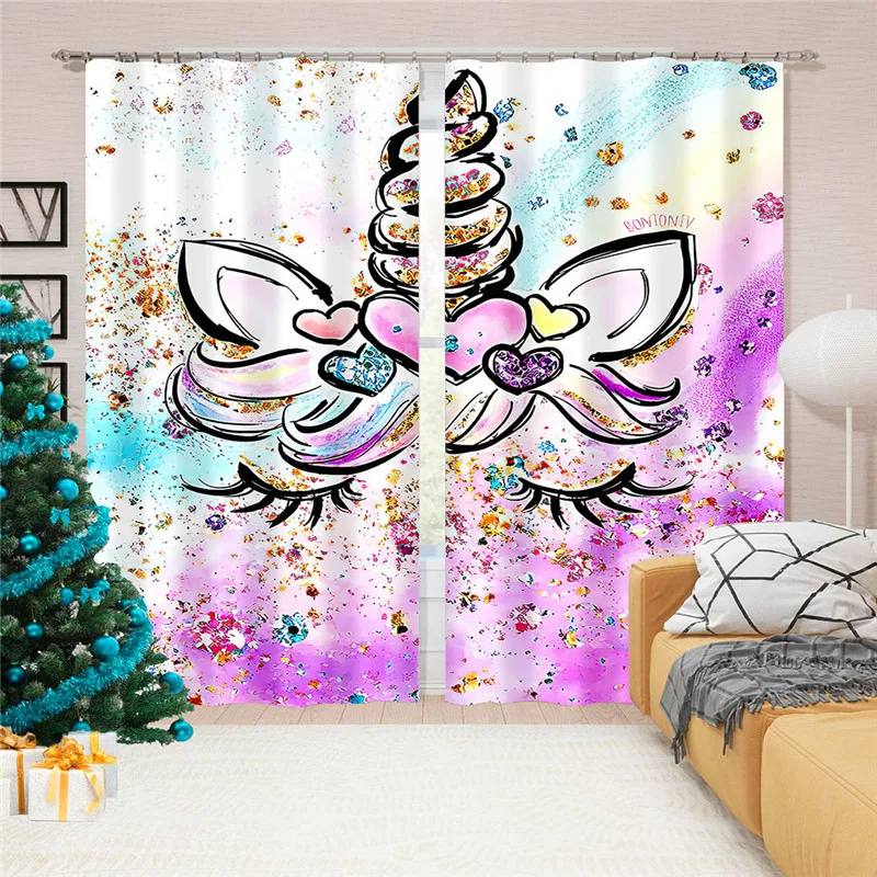 3d Cute Pink Rainbow Unicorn Pattern Blackout Curtain Kit, Suitable For
