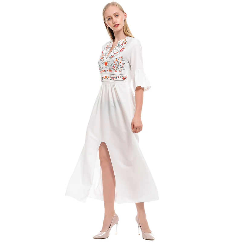 Инди Фолк Белый Vestidos офисный принт винтажные осенние платья женское платье длинное Цветочное платье с коротким рукавом женское