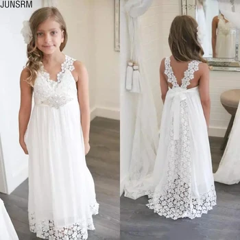 

New Arrival Boho Flower Girl Dresses for Weddings Cheap V Neck A Line Pretty Lace and Chiffon Little Girls Beach Dresses