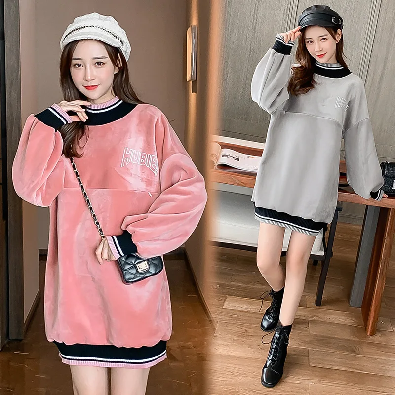 

2019 Maternity Clothes Nursing Winter Gold Velvet Brushed And Thick Feeding Hoodie Dress