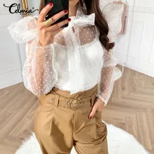 5XL Stylish Tops Celmia Women Sexy Mesh Sheer Long Sleeve Ruffles Blouse 2020 Summer Fashion Bow Neck See-Through Casual Shirt 7