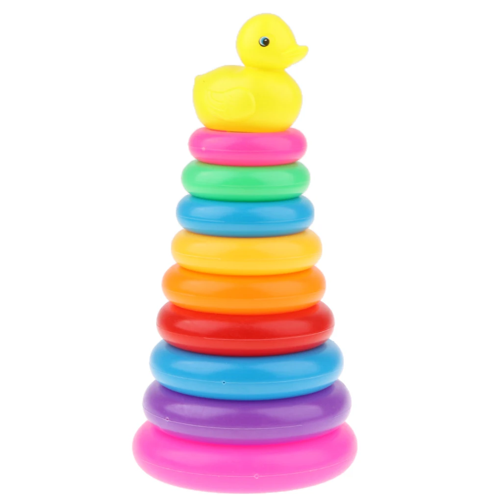 9 Rainbow Color Stacking & Nesting Rings with a Yellow Duck Bath Toy Kit, Kids Baby Toddler Bath Time Playing
