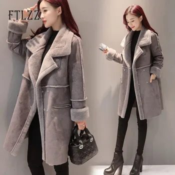 

2019 New Autumn Winter Jacket Women Slim Medium Long Turn Down Collar Pink Coat Female Warm Faux Wool Liner Outwear Coats Mujer