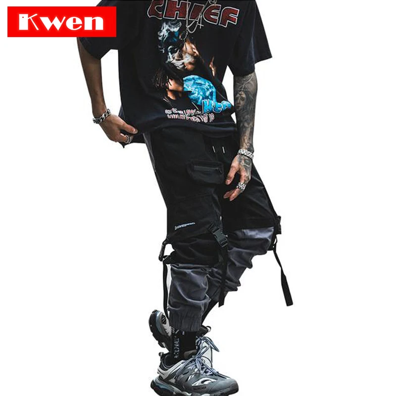 

2019 June New Fashion Streetwear Stitching Color Joggers Hip Hop Long Pants Men Elastic Waist Cargo Pants Men Dancing pants