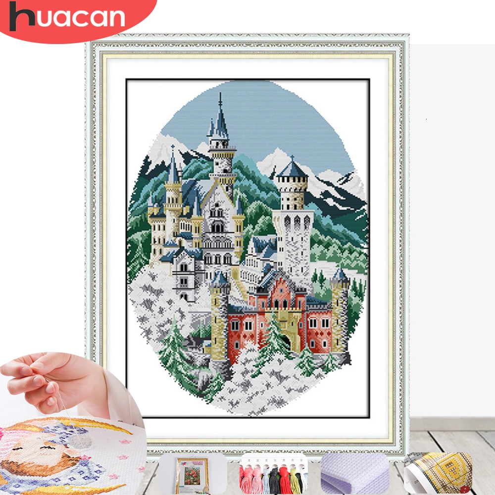 HUACAN Embroidery Castle Scenery Needlework Sets For Full Kits White Canvas DIY Cross Stitch Winter Gift Home Decor 14CT | Дом и сад