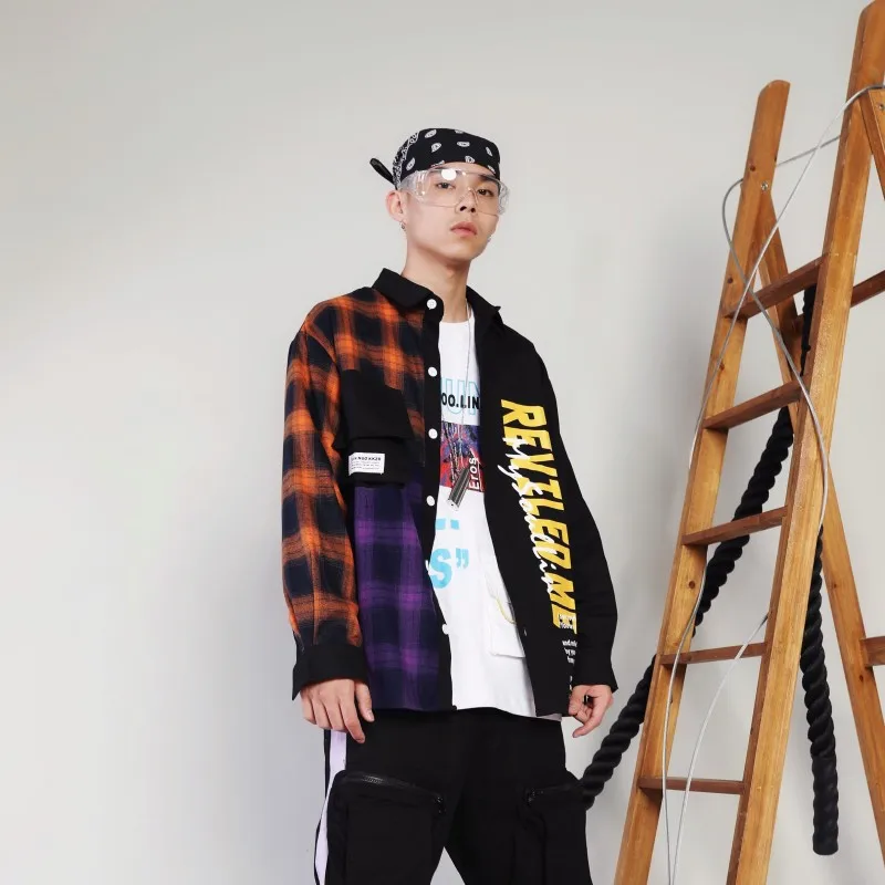 RLJT. JIN японская клетчатая Лоскутная модная мужская рубашка Harajuku Повседневная Печать Свободный Хип Хоп Уличная мужская одежда рубашки