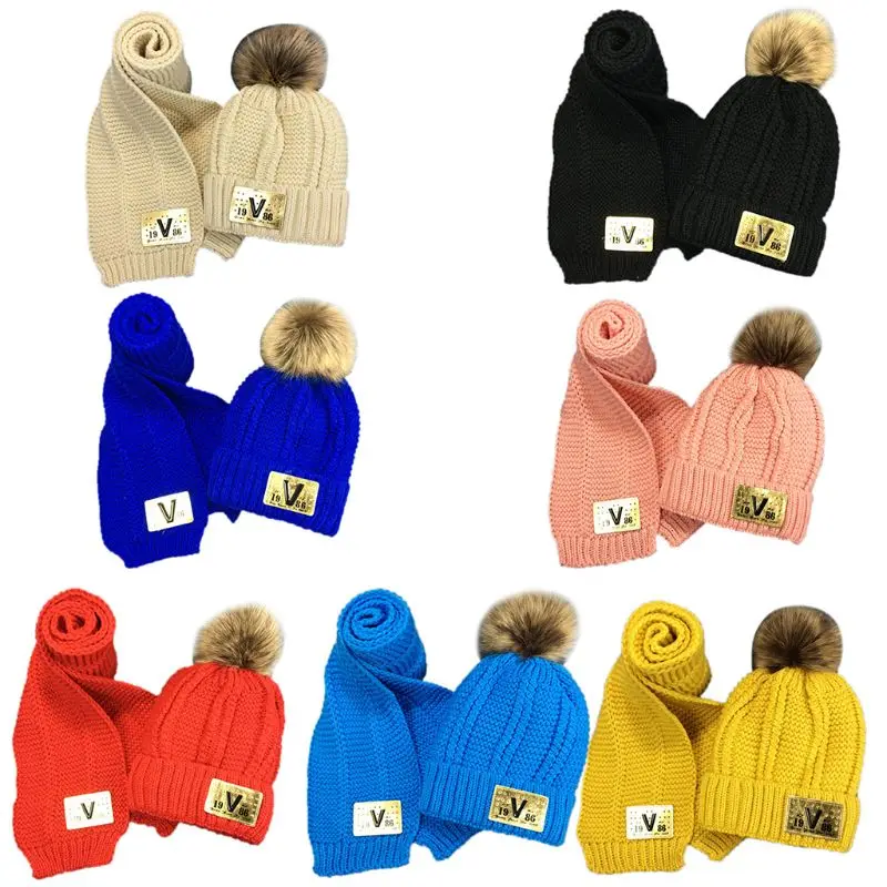 Toddler Kids Winter Chunky Crochet Pompom Warm Lining Beanie Hat Long Scarf Set