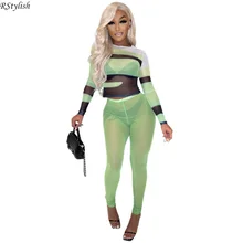 

RStylish Women Sexy See-through Mesh Two Piece Set Streetwear Print Long Sleeve Crop Top Pencil Pants Suit