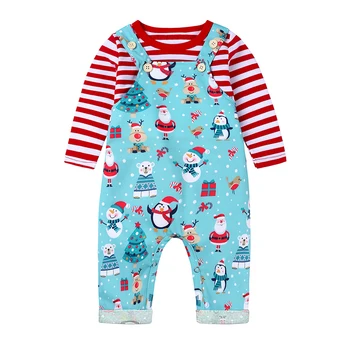 

Cotton fabric baby clothes set Baby Boy Girl Christmas Autumn Striped Top Cartoon Printed Suspender Pants Two Pieces Sets