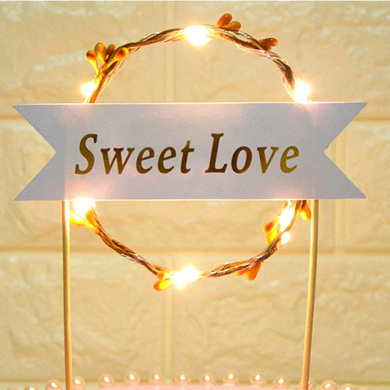 LED Glowing Flower Wreath Happy Birthday Party Baby Shower Decoration Cake Topper Decorations DIY Baking Cake Top Flags Insert