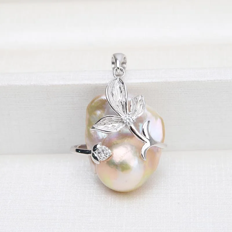 Platinum with pearl MeiBaPJ Настоящее натуральное большое барокко Жемчуг золотой цветок кулон ожерелье серебро 925-й пробы пустой грузовик ювелирные украшения для женщин - Окраска металла: Platinum with pearl