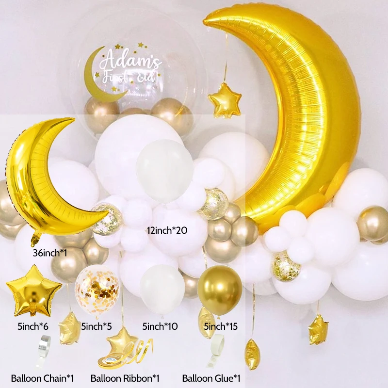60Pcs Moon Star Balloon Set for Muslim EID Mubarak Festival Home DIY Decoration Ramadan Kareem Kids Birthday Party Ballon Globos