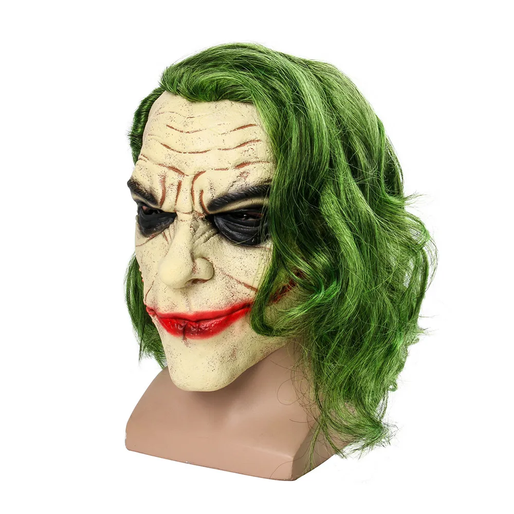 

Joker Mask Movie Batman The Dark Knight Cosplay Horror Scary Clown Mask with Green Hair Wig Halloween Latex Mask Party Costume