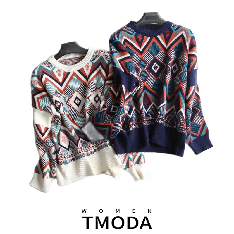 TMODA297 2021 этнический контрастный цвет геометрический вязаный свитер винтажный