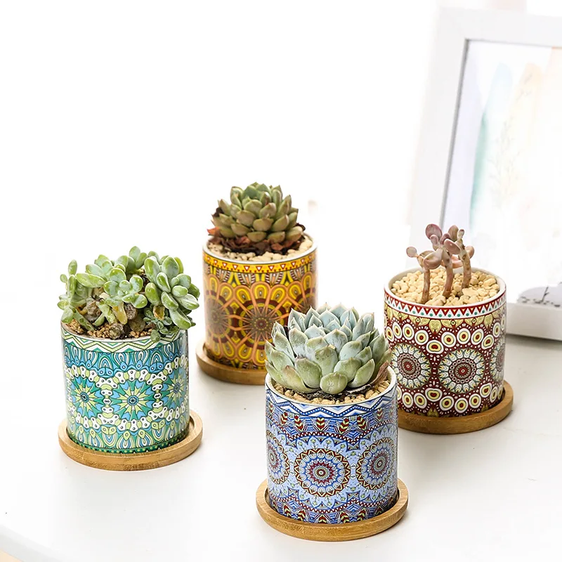 

4-piece Nordic Minimalist Mandala Style Pattern Ceramic Flower Pot Home Decoration Cylindrical Succulent Small Flower Pot