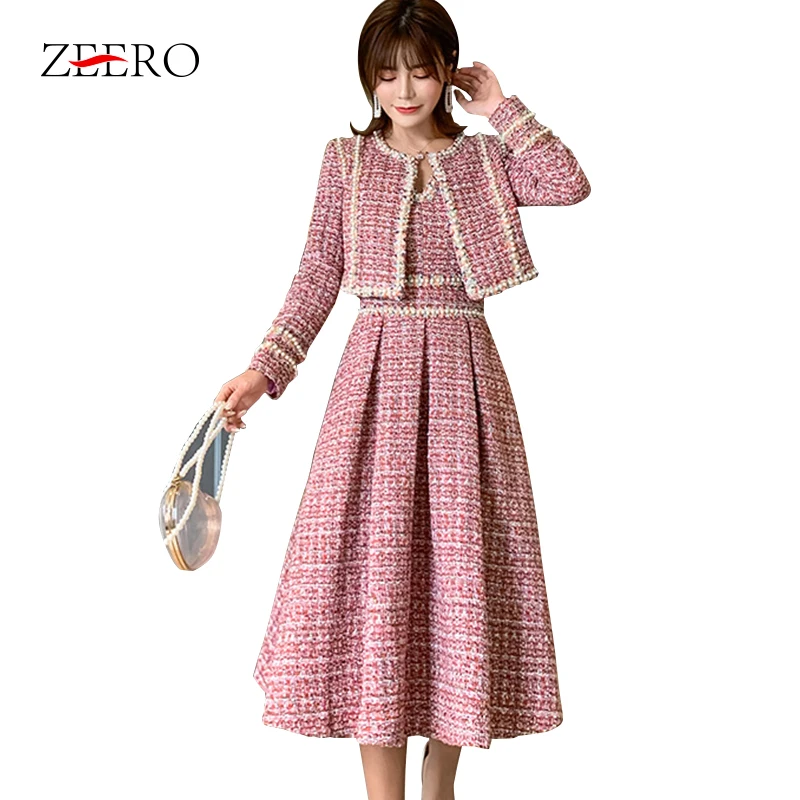 

2019 Autumn High Quality Women 2 Piece Set Tweed Short Jacket Coat+Beading Vest Dress Elegant Fashion Party Dresses Pink Outfit