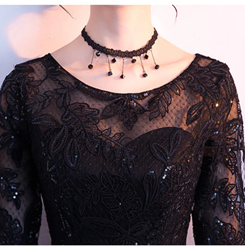Черное кружево с блестками пикантные Cheongsam современный хост элегантные длинные Qi Pao Для женщин Китайский вечернее китайское платье-Ципао Акция Женская Роба в восточном стиле